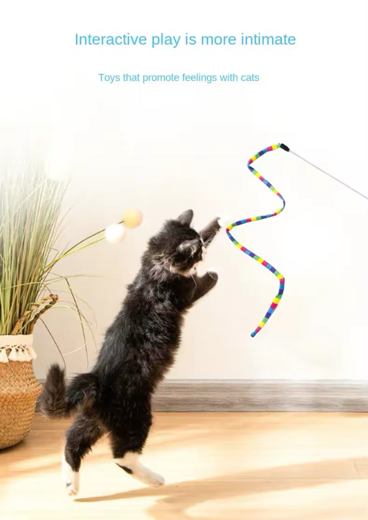 Rainbow Long Cat Teaser with Bell - Illawarra Cat Rescue Support Shop