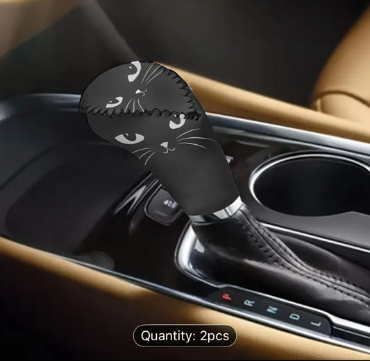 2pc Black Cat Car Gear Shift and Handbrake Protector